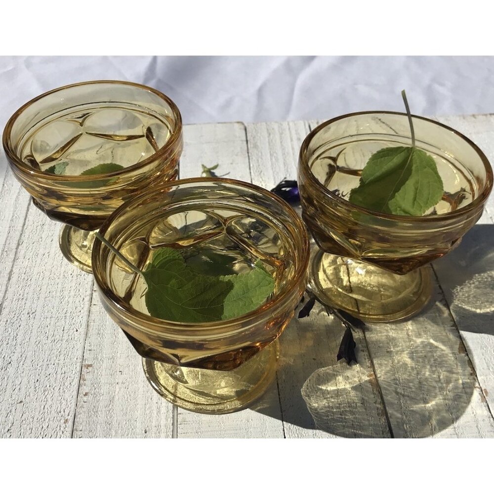 Vtg 60s 70s Anchor Hocking Fairfield Footed Amber Gold Glass Desert Cups MCM Set